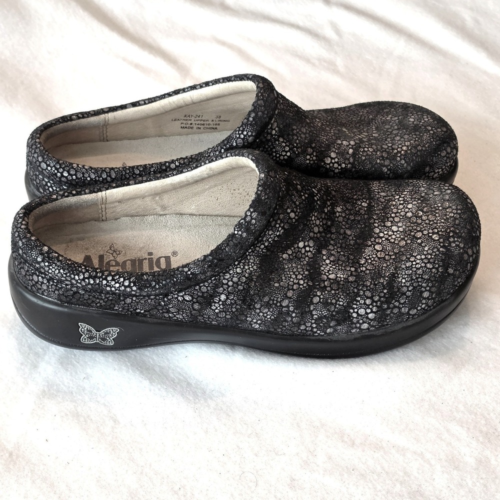 Alegria Kay Black Silver Metallic Pebbled Leather Clogs 7.5 Mules KAY-241 Size38